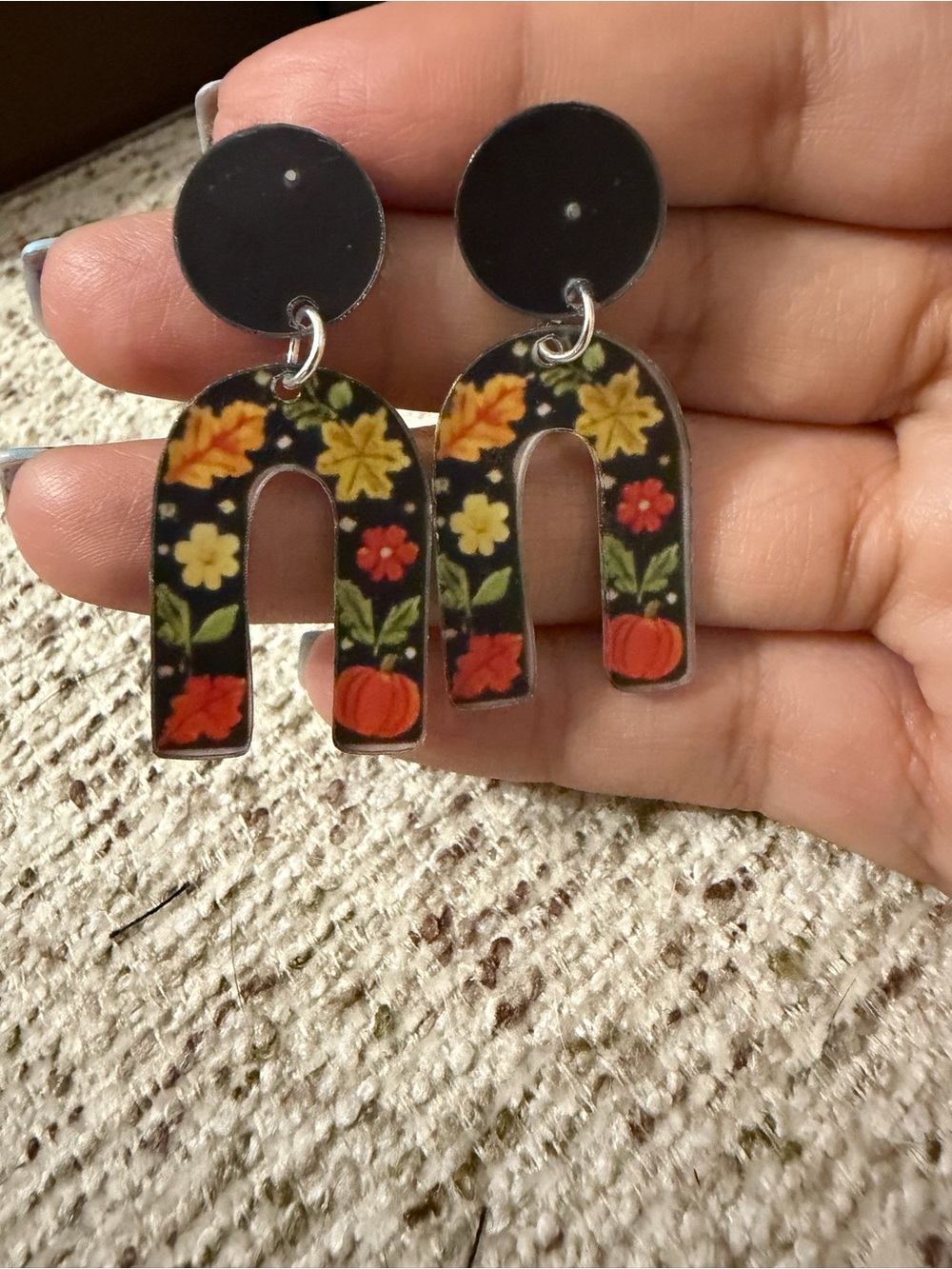 Acrylic Floral Black Arch Earrings - Fall Pumpkin Design